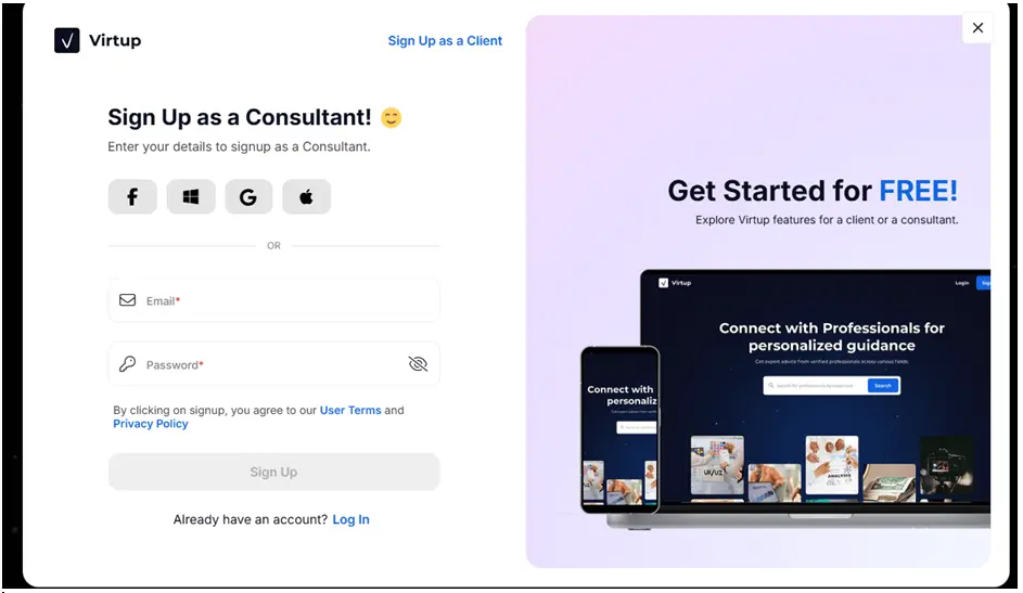 Create an account first to become a consultant